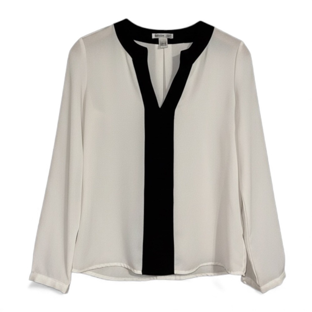 MANGO Suit Black White V Neck‎ Long Sleeve Blouse Top XXS